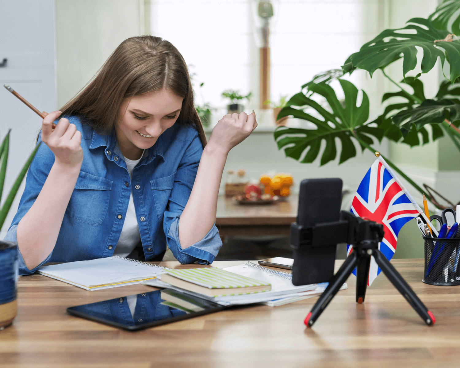 woman looking happy while learning