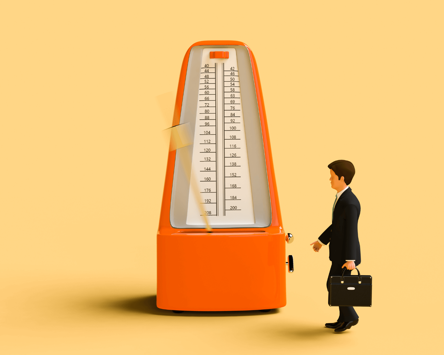 dark orange metronome on pale orange background with small male figurine on the right side